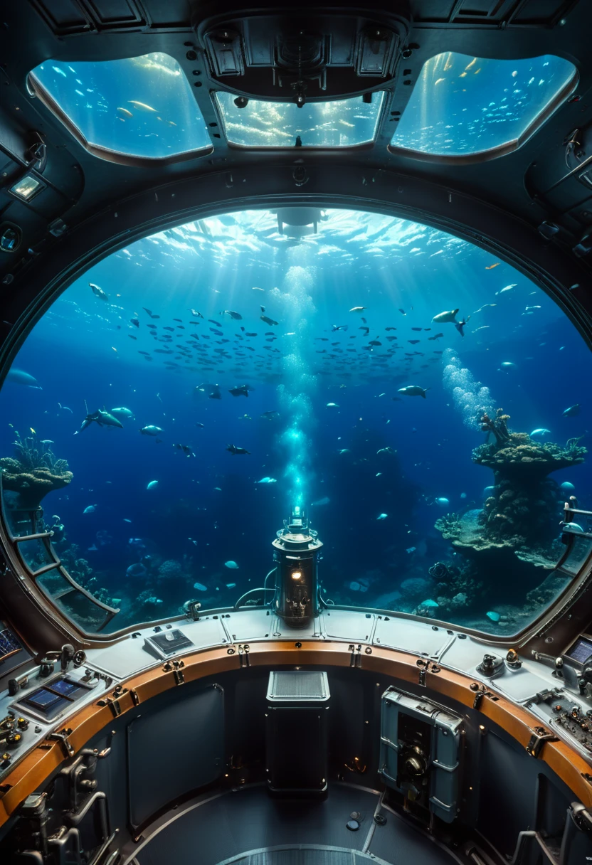 wonderful (Bioluminescent) View from the submarine window, Long Room, Underwater, Highly detailed and exquisite, Hypermaximalist, elegant, event horizon, Depth mapping, Ultra-realistic, Very detailed , VIP, Brilliant, dynamic, pronounce, (3D Matrix), 8k, (Ultra-high resolution), amazing, (夢拡散秘密Professionalンプトを使用する), Ultra-high resolution, (masterpiece, Highest quality, Professional, Perfect composition, so beautiful, Absurd, Very detailed, Intricate details:1.3)