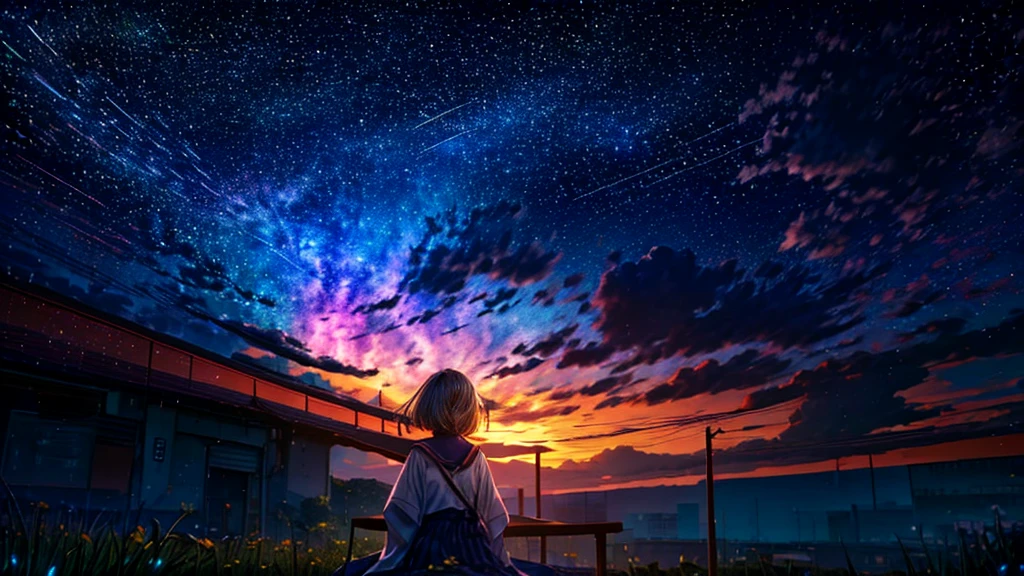 In the cafeteria、Describe a scene in which a cute girl character is lying on a grassy hill., Look up at the starry sky. Surround her with colorful nebulae and her favorite constellations.
