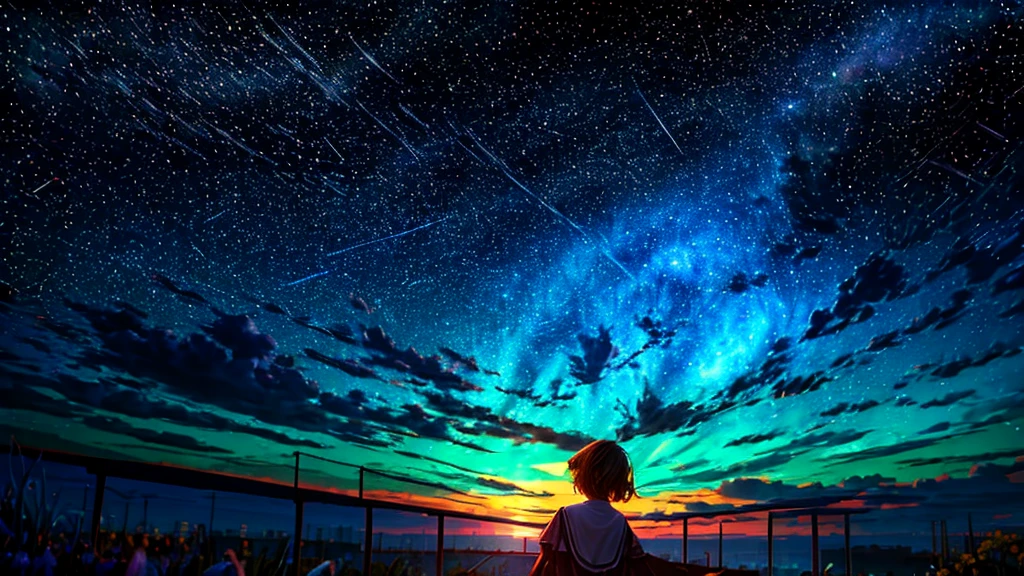 In the cafeteria、Describe a scene in which a cute girl character is lying on a grassy hill., Look up at the starry sky. Surround her with colorful nebulae and her favorite constellations.