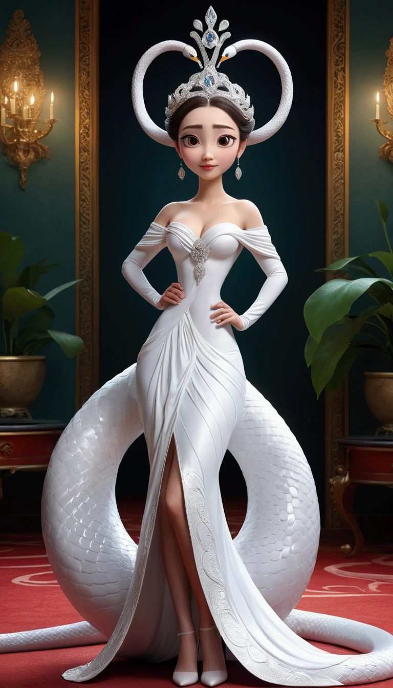 Pixar style super cute anthropomorphic white snake， breasts big，cleaveage，Off-the-shoulder attire，Dahan costume and crystal crown, Standing, Charming big eyes, cute tail, Standing, surreal, super thin, luxurious, Graceful standing, Charming big eyes, cute tail, Standing, surreal, super verbose, luxurious, chic, Complex, gorgeous, illusory engine, octane rendering, 8k, frey surrealism