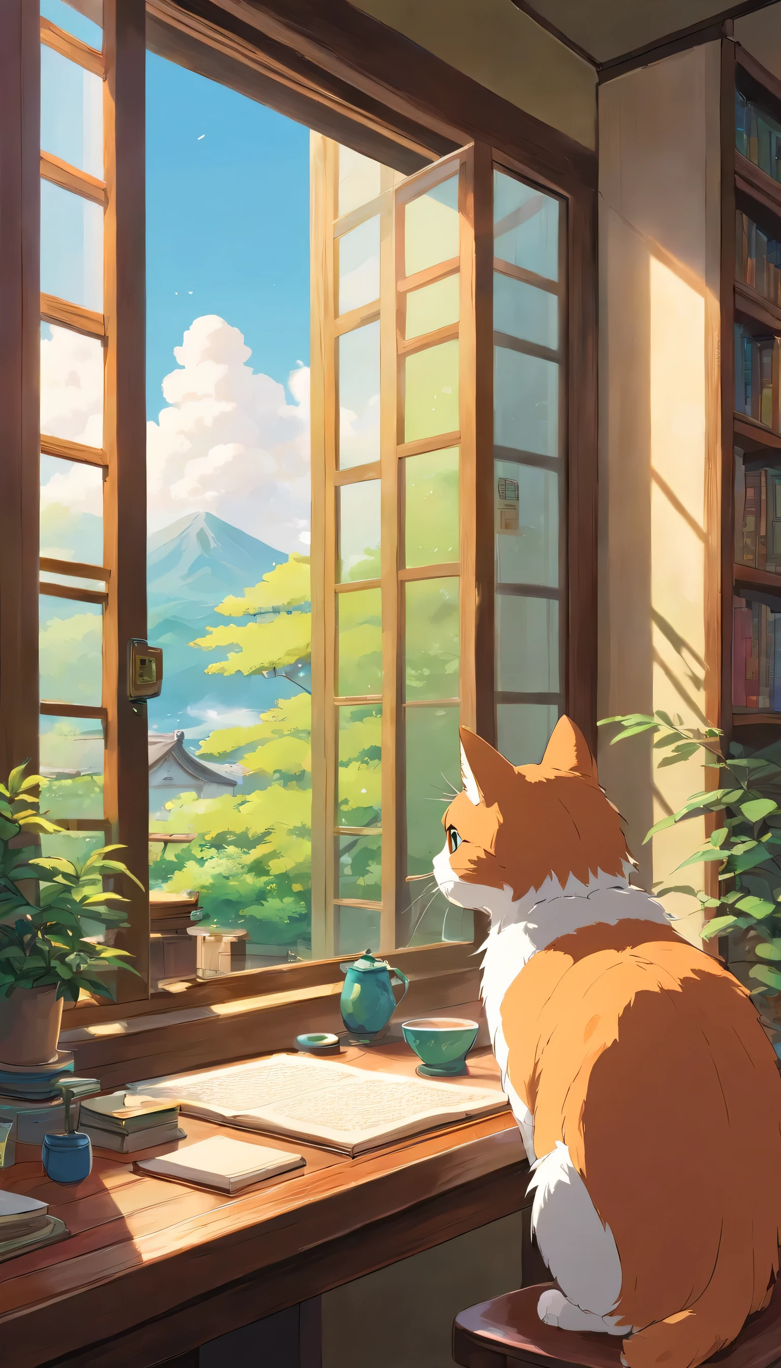 Generate a Japanese morning study table view from the window with a cat sitting on the window. Make sure the tail is not over lapped or double.