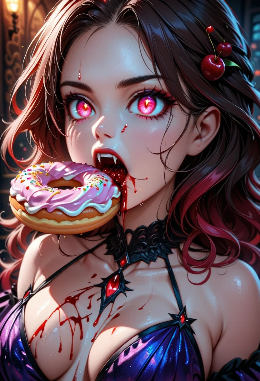 a portrait of a female vampire eating a (bloody donut: 1.3), an exotic exquisite beautiful female vampire, dynamic hair color, wavy hair, dynamic eyes color, (glowing  eyes: 1.1), intense eyes, wearing glamour silk dress, intricate detailed dress, dynamic color dress, dynamic style dress, (eating  a large donut soaked with blood: 1.3), blood dripping from the donut, cherries, whipped cream,  dark fantasy pastry shop background,  vibrant, Ultra-high resolution, High Contrast, (masterpiece:1.5), highest quality, Best aesthetics), best details, best quality, highres, 16k, [ultra detailed], masterpiece, best quality, (extremely detailed) RAW, (ultra details, Masterpiece, best quality),   Dark Art Painting Style, Intense gaze, blood, Cinematic Hollywood Film
