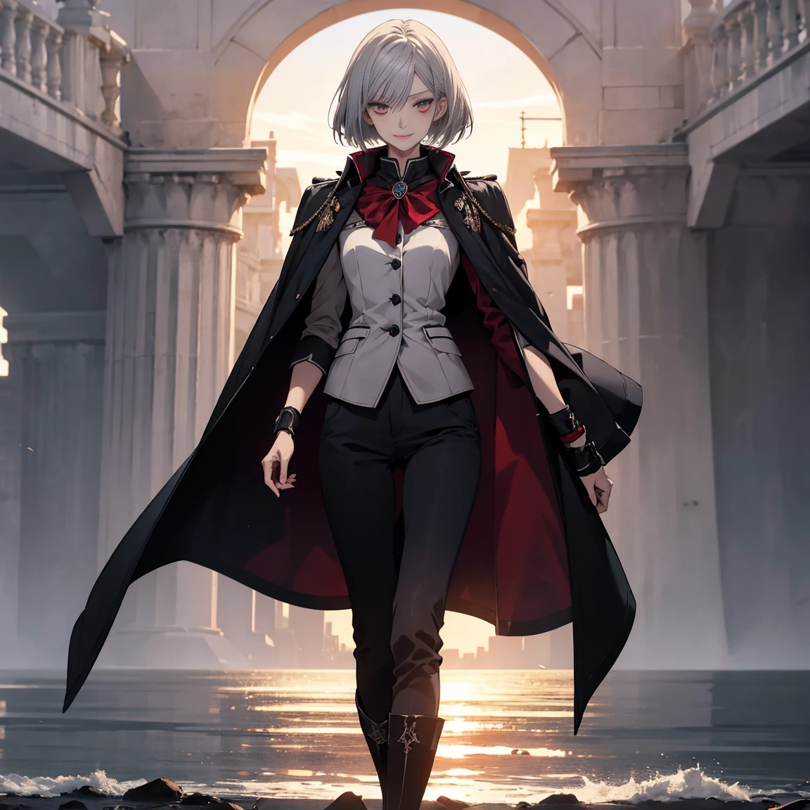 (Confused, High resolution, Very detailed), 1 female, Silver Hair,Bob Hair,Crimson Eyes,uniform,24th generation,beauty,mature,thin,quiet,Calm,A small smile,A kind smile,In front of people you like,Cape coat,Slender and thin,boots,skinny pants,Sea at dawn,Small breasts,