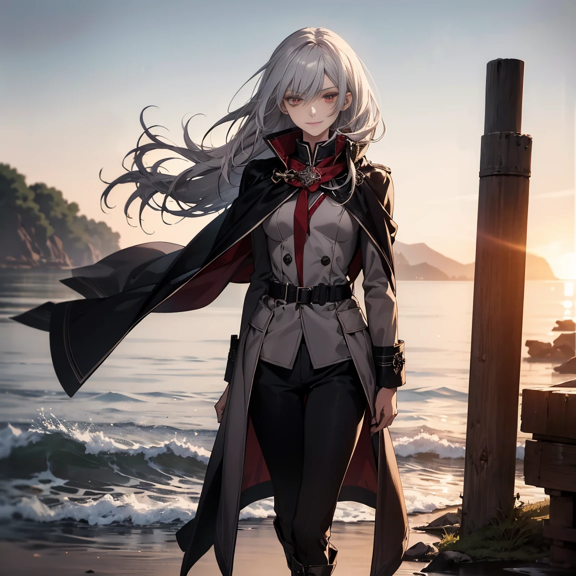 (Confused, High resolution, Very detailed), 1 female, Silver Hair,Bob Hair,Crimson Eyes,uniform,24th generation,beauty,mature,thin,quiet,Calm,A small smile,A kind smile,In front of people you like,Cape coat,Slender and thin,boots,skinny pants,Sea at dawn,Small breasts,