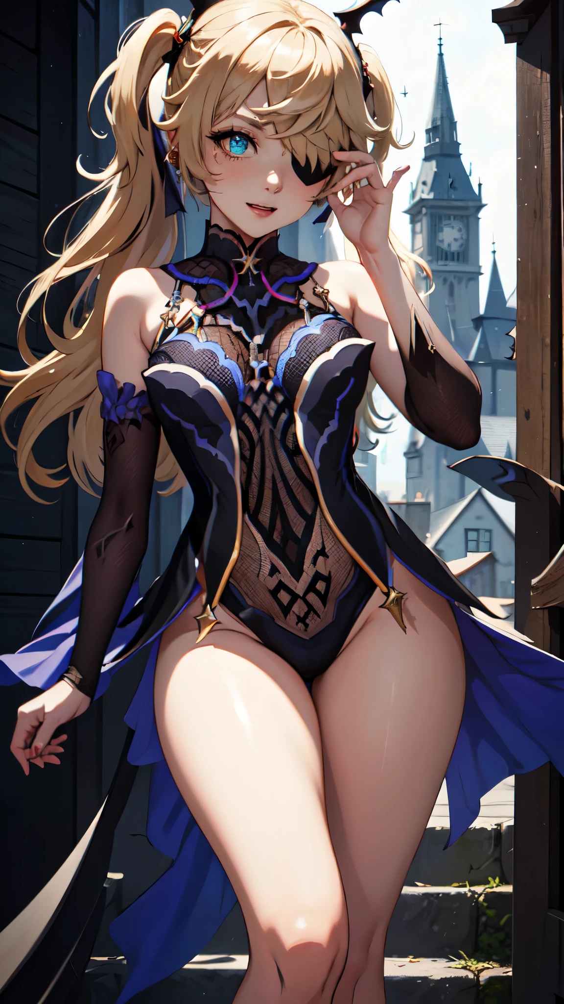 Young blonde girl, black eye patch, twin large ponytails, 
BREAK (masterpiece:1.2), best quality, high resolution, unity 8k wallpaper, (illustration:0.8), (beautiful detailed eyes:1.6), extremely detailed face, perfect lighting, extremely detailed CG, (perfect hands, perfect anatomy), joyful, laughing, Happy, thigh corset with deep lace neckline, portrait (3:4), posing. In darkness next to a scary castle.