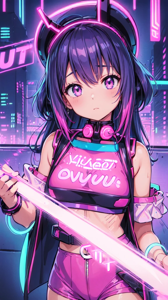 (80's city pop:1.5), (vivit neon purple pink:1.5), 1girl, detailed neon city background, ultra-detailed, illustration, (cyber neon punk), vaperwave, fish eye lens, sense of depth, cute pop neon cyber wear,
