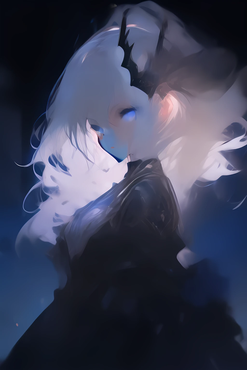masterpiece, Highest quality, Super detailed, Hand-drawn、watercolor、girl, dark Knight, Mecha, anger, Glare, Swordsmanship, Right facing, Bob Hair, Silver-haired, Clear blue eyes, puppet, Pale skin, , Plump, Ruffled clothing, ribbon, With sword, gradient blue background, along with the meteor shower, Castle, At night, Gothic atmosphere, 3D Rendering, Full Body Shot, from the front, From above, Wide Shot, Three-part method, darkness, Shine, blue, Desaturated
