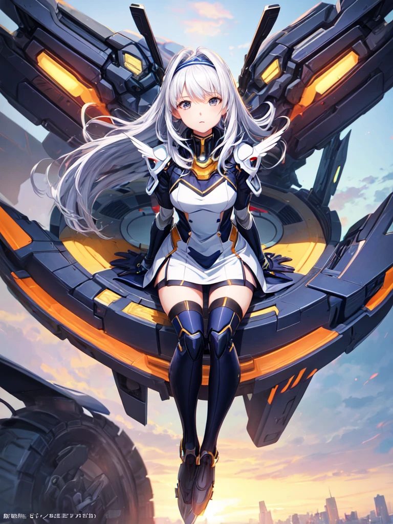Female angel anime style Dorbach , Mecha Mini Dress 2D, Dynamic pose, Sitting, building ((Highest quality)), ((masterpiece)), (detailed) ((Centered Images))