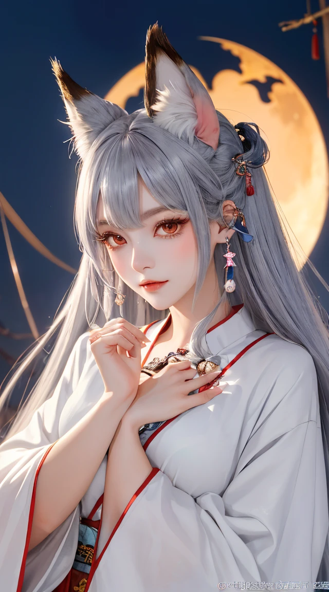 (Best Quality、8K,absurderes,highest grade,Portrait,long hair with gray hair、Piercing、Kyuubi has fox ears and a tail.........、Ancient Chinese robes have delicate decorations, beautiful and cool women、Arms crossed、Dark fantasy world.....、dark autumn night background、Staring at the camera with a mischievous expression、