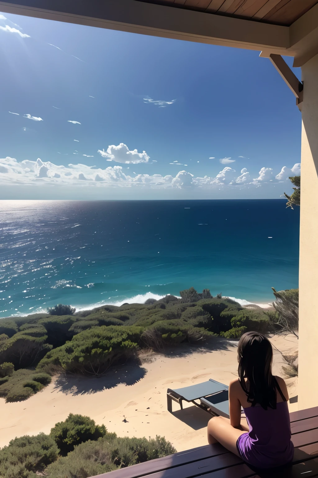 From the terrace the three girls could see the pine forest to their right and the beach in front of them. The sea was rough and on the horizon the small shape of a cargo ship could be seen, while the sky was darkening, taking on shades of gray and purple.