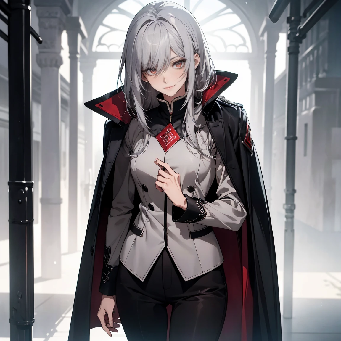 (Confused, High resolution, Very detailed), 1 female, Silver Hair,Shortcuts,Crimson Eyes,uniform,24th generation,beauty,mature,thin,quiet,Calm,A small smile,A kind smile,In front of people you like,Cape coat,Slender and thin,boots,skinny pants,Sea at dawn,Small breasts,
