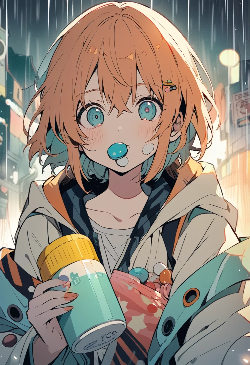 anime girl, orange hair, eating a pill with a box of pills in her mouth, pills, kaworu nagisa, fubuki, gapmoe yandere, soft anime illustration, subdued colors, rainy bg, UHD