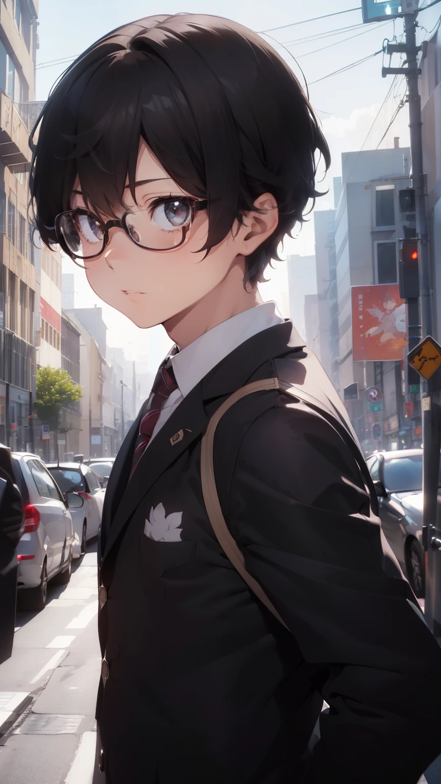 (1 boy), (), Symmetrical Eyes, male, tie, holding a book, small book in hand, (holding small book), Thick black frame glasses, shy, black messy hair, bluish-grey eye color, wearing glasses, 4k, detailed, anime 4k, (Curly hair), from side, character focus, ((black light)),((dark lighting)), cinematic lighting ,(darkness), (concept art), high resolution,(incredibly absurdres) ,extremely detailed CG unity 8k wallpaper, ((masterpiece)), ((top-quality)), (beautiful illustration), ((an extremely delicate and beautiful)), (masterpiece, Best quality, ultra high resolution), Black hair, pale skin, ultra detailed eyes, Beautiful and detailed face, detailed eyes, (Centered, torso), (wide shot:0.9), facing the viewer, Eye level, ((male)), blushing, masculine face, narrow eyes, flat chest, masculine build, slightly muscular,
