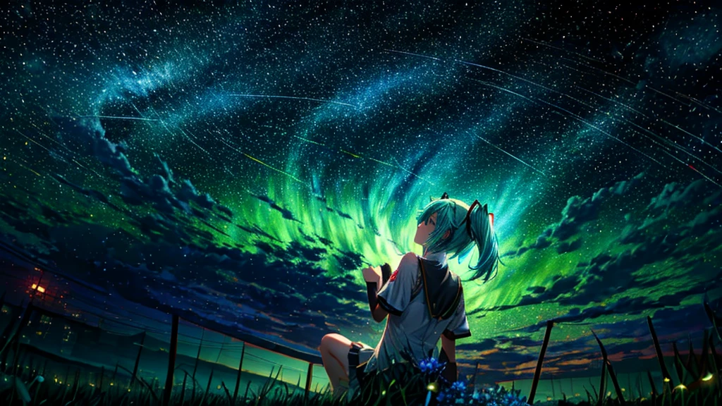 In the cafeteria、Describe the scene where the Hatsune Miku character is lying on a grassy hill., Look up at the starry sky. Surround her with colorful nebulae and her favorite constellations.