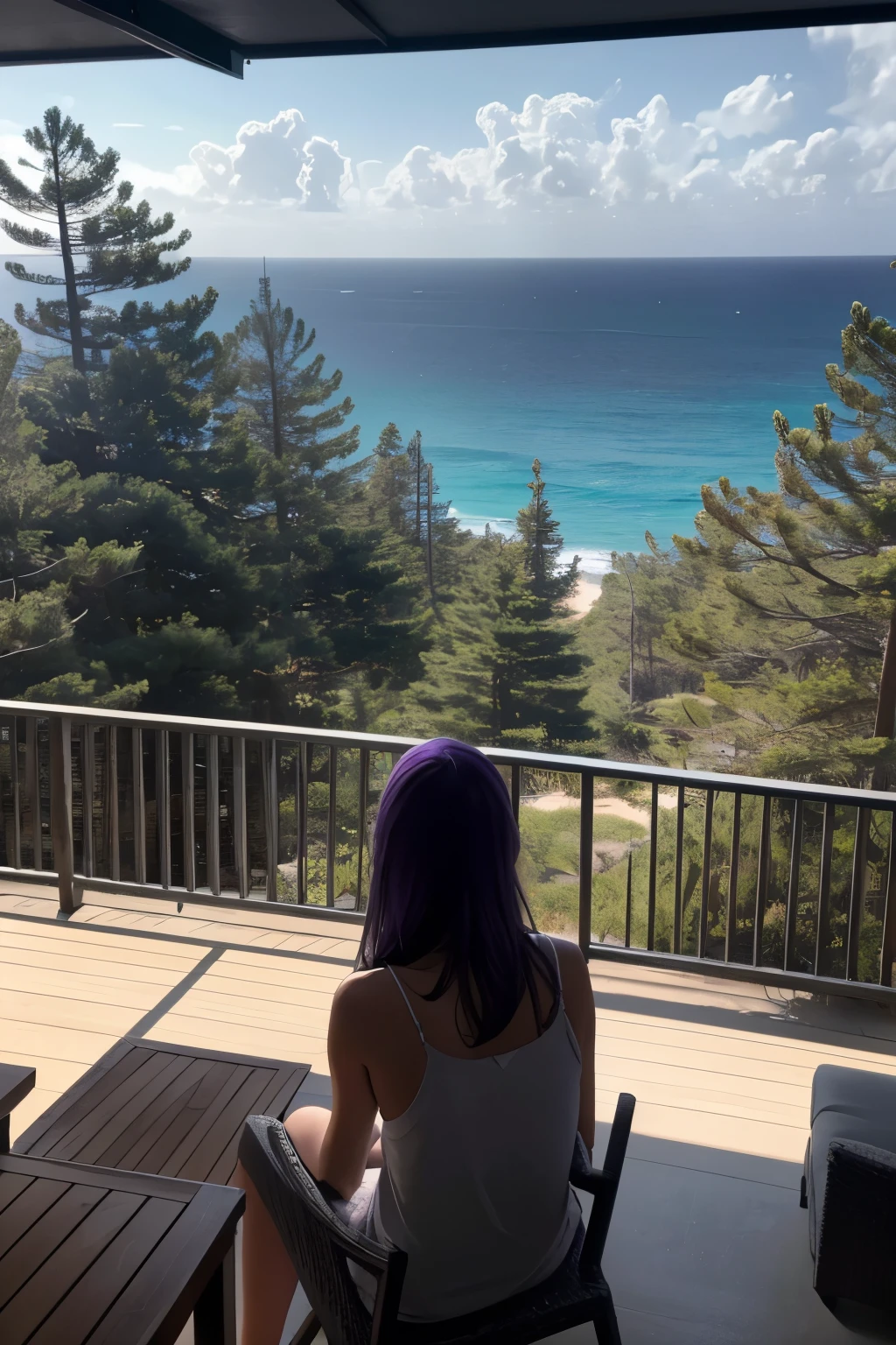 From the terrace the three girls could see the pine forest to their right and the beach in front of them. The sea was rough and on the horizon the small shape of a cargo ship could be seen, while the sky was darkening, taking on shades of gray and purple.