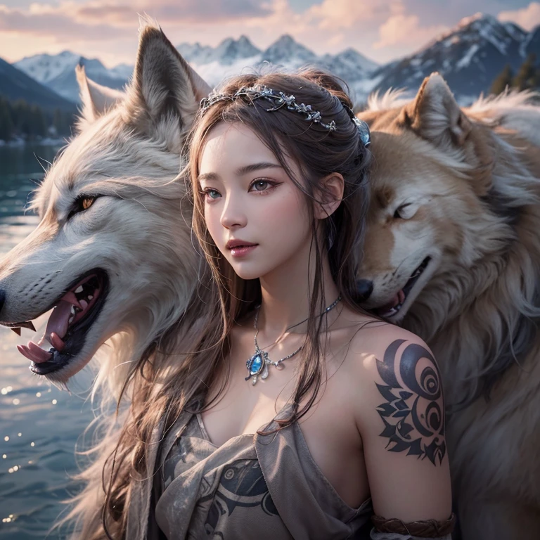 Lakeside surrounded by snowy mountains、Hair Flow、 ((Highest quality、masterpiece、8k、Best image quality、Ultra-high resolution、Award-winning works)、(Accurate anatomy:1.1)、(Look at me and smile:1.1)、Shining fair skin with Ultra-high resolution、The most detailed face、Ultra-high resolution detailed face、Ultra-high resolutionの髪の毛、(Ultra-high resolutionの煌めく瞳:1.1)、Beautiful face drawn in every detail、Ancient Viking clothing, Chest to chest, tattoo, A real wolf is by your side