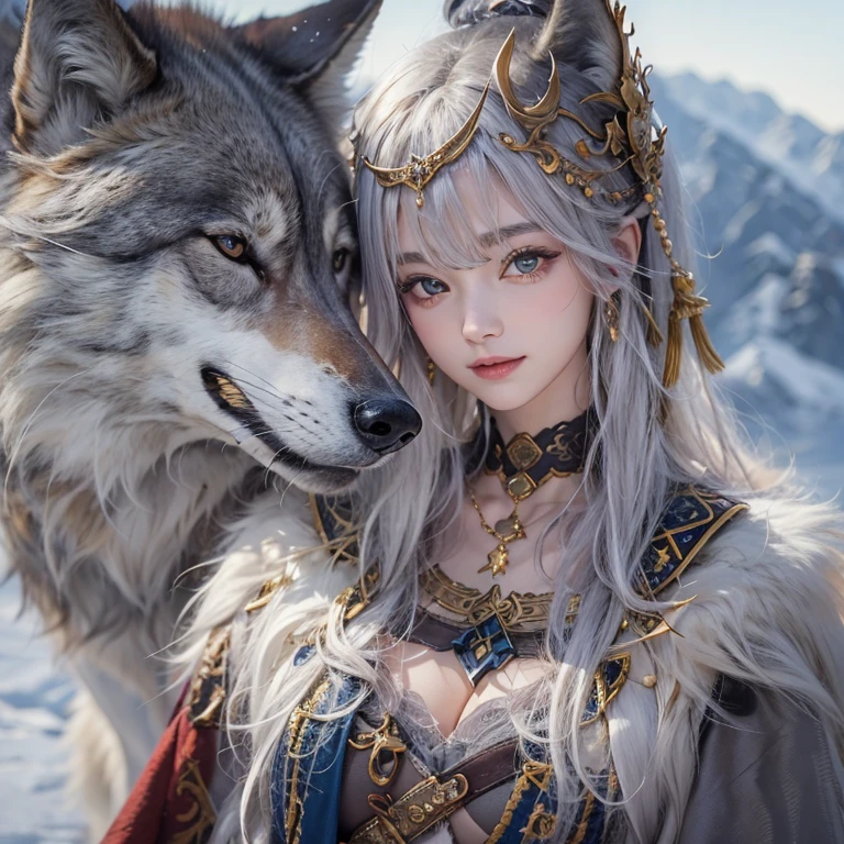 Lakeside surrounded by snowy mountains、Hair Flow、 ((Highest quality、masterpiece、8k、Best image quality、Ultra-high resolution、Award-winning works)、(Accurate anatomy:1.1)、(Look at me and smile:1.1)、Shining fair skin with Ultra-high resolution、The most detailed face、Ultra-high resolution detailed face、Ultra-high resolutionの髪の毛、(Ultra-high resolutionの煌めく瞳:1.1)、Beautiful face drawn in every detail、Ancient Viking clothing, Chest to chest, tattoo, A real wolf is by your side