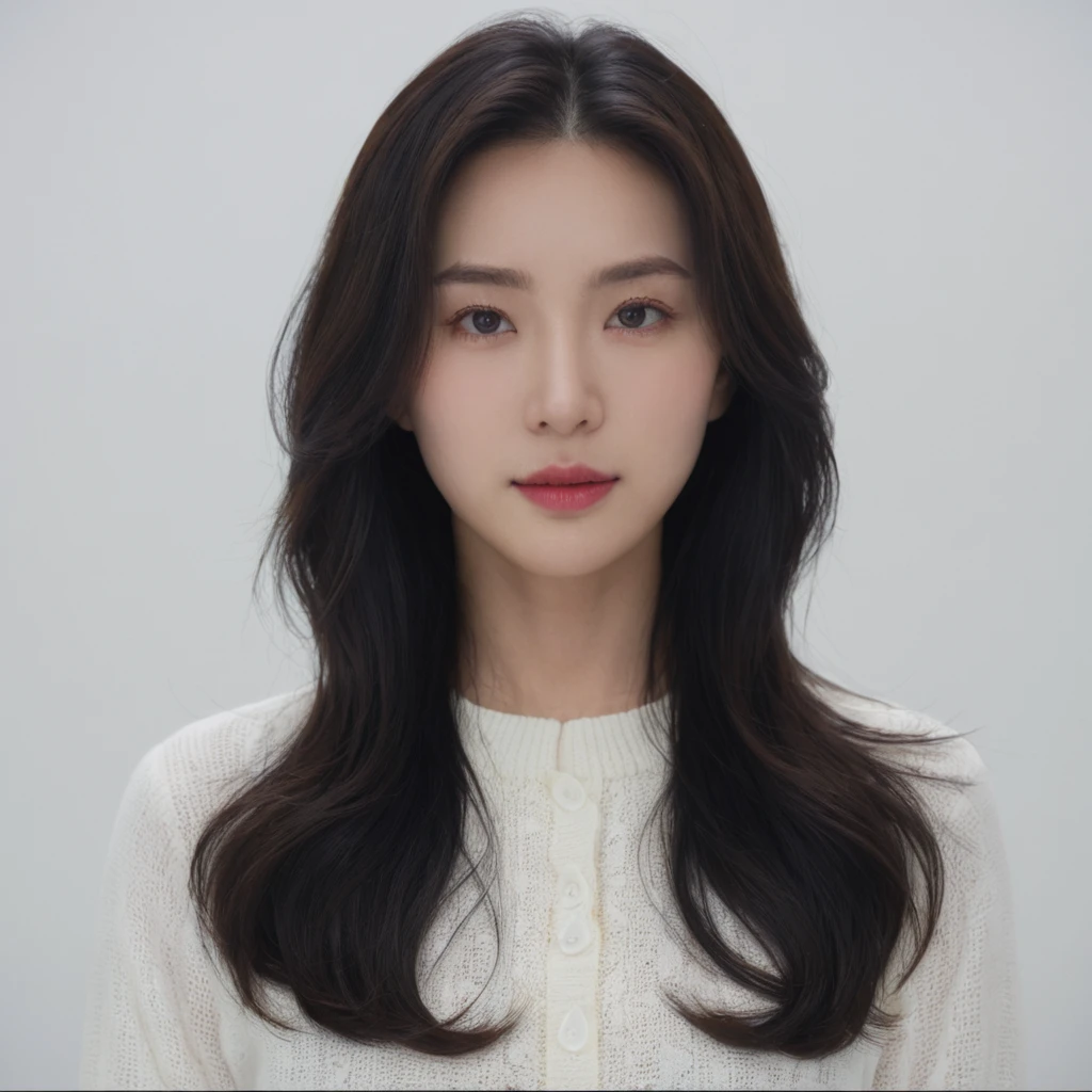 Best Quality, 8k, Masterpiece, (Portrait: 1.3), (photo realistic:1.4), (hyper realistic:1.4), Sharp Focus, looking at viewer, (smoother lighting:1.1), (increase cinematic lighting quality:0.9), realistic lighting, backlighting, light on face, ray trace, (brightening light:1.2), (Increase quality:1.4), sharp detail, (best quality real texture skin:1.4), finely detailed eyes, black_eyes, finely detailed face, 25 year old Korean woman, (white formal_shirt:1.4), (Create an image maintaining the original base model hairstyle:1.5)