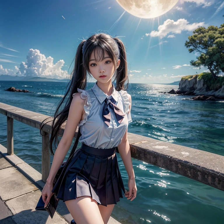 masterpiece)), ((best quality)), (ultra-detailed), ((kawaii)), cute, (lovely), ((extremely detailed)), 4K, (8K), best quality, (beautiful), beach, sea , night, a cute girl, solo, , short sleeve , (Flirtingly lifting her skirt to show her panties:1.3),