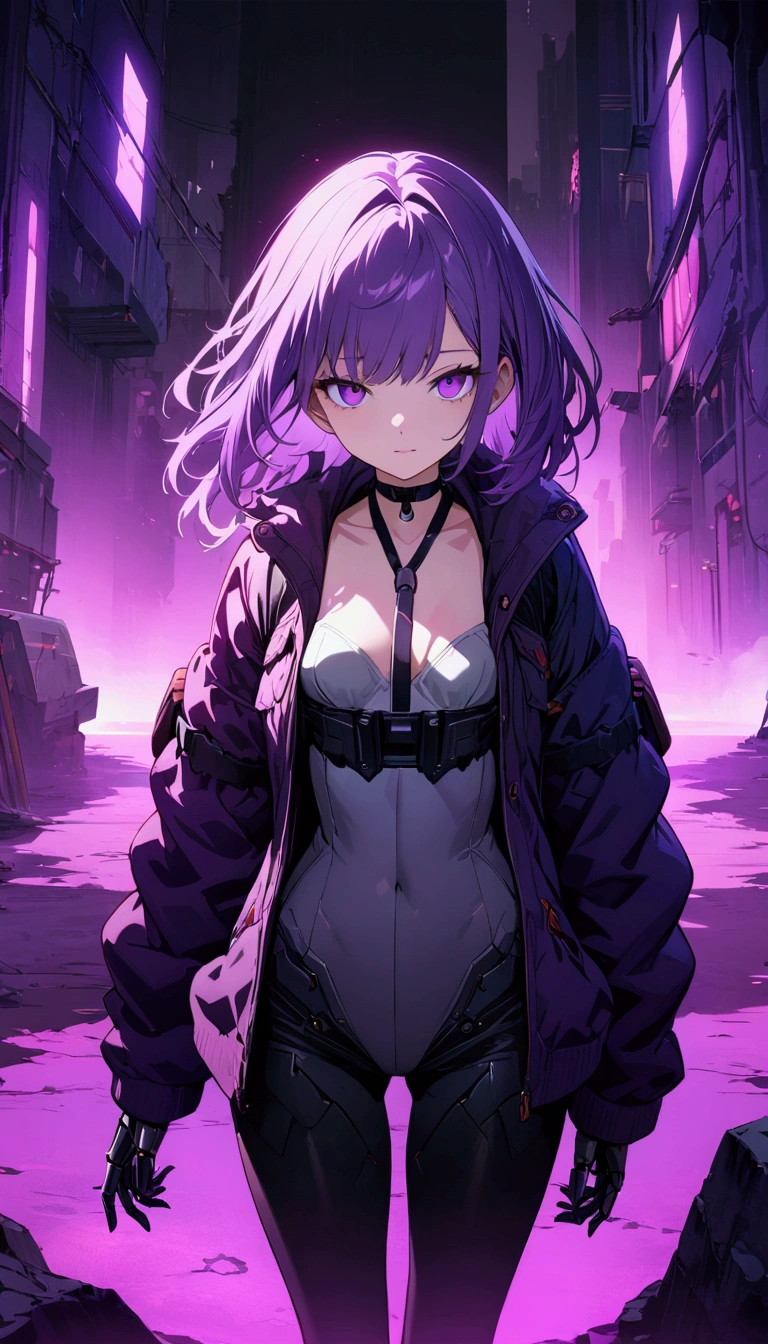 masterpiece, best quality, (Highly detailed CG Unity 8k wallpaper) (best quality), (Best Illustration), (Best shadow), beautiful girl, Small Breasts, Wearing a rugged jacket, Robotic Arm, Cyberpunk Background, Extremely exquisite and beautiful, (Floating purple hair), Delicate face, Neck strap, (Mysterious atmosphere), flash:0.8