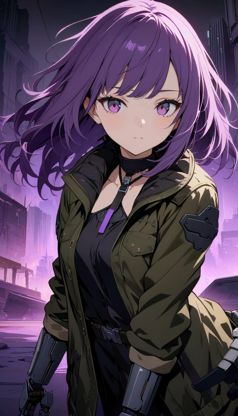 masterpiece, best quality, (Highly detailed CG Unity 8k wallpaper) (best quality), (Best Illustration), (Best shadow), beautiful girl, Small Breasts, Wearing a rugged jacket, Robotic Arm, Cyberpunk Background, Extremely exquisite and beautiful, (Floating purple hair), Delicate face, Neck strap, (Mysterious atmosphere), flash:0.8