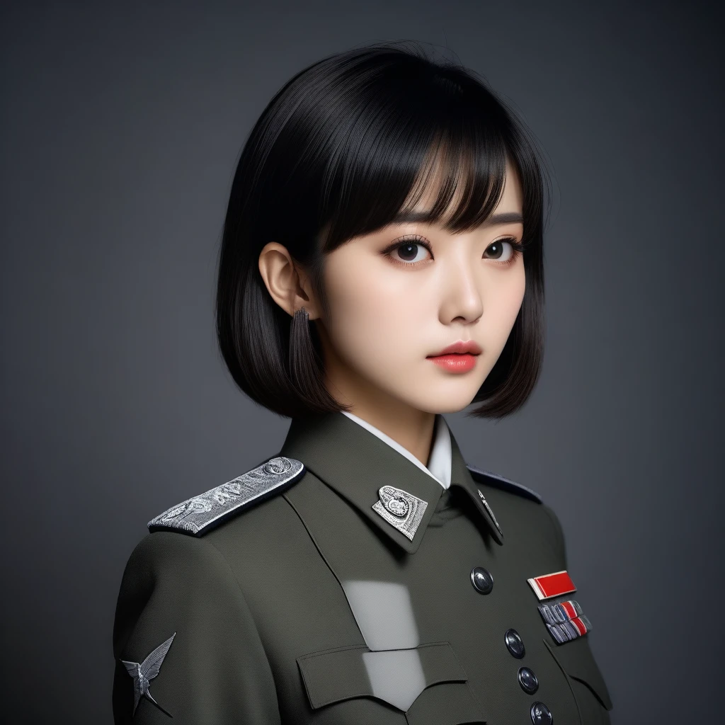 8k, Ultra-high resolution, Highest quality, masterpiece, 三分割法によるphotograph,Surreal, photograph, 1 Girl, (16 years old:1.3), pretty girl, Cute Face, Beautiful eyes in every detail, 細かくdetailedに,masterpiece,One Girl:1.2,Japanese female officer,Superior non-commissioned officer,extream close up,Serious expression,Black short hair,Bob with bangs, (The finest ceremonial attire:1.3),Pencil Skirt,Military clothing,Nazi SS uniform,HUGO BOSS,Sharp contours,Looking down,Gray background, Light from above, Low contrast, (Side view),Perfect and beautiful face ,完璧でCute Face, Skin with attention to detail, Perfect limbs、Narrow waist,Looking at the audience,(((Ideal body type))),A cup small breasts :2,Portraiture:2,Perfect Anatomy,鮮明なdetailed,detailed,Surreal,Light and shadow,glowing
