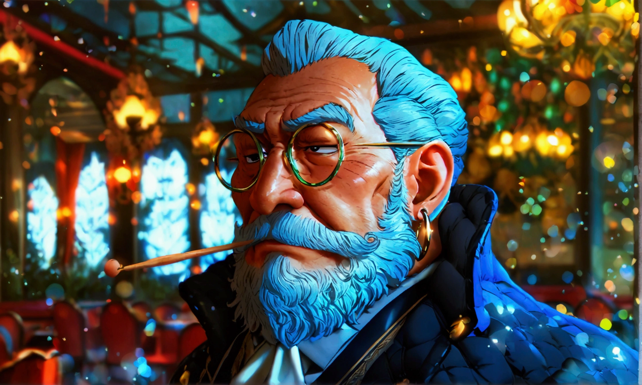Old fat man, slicked back blue gray gradient hair, big gray beard, black eyes, light blue clothes, dark blue overcoat with black rope straps, toothpick in mouth, hoop earring, look of contempt, tired expression, luxury restaurant background, "Anime character design inspired by One Piece, full of dramatic and impressive lighting, focus on the centralized character, impressive face, full of creative details, ultra-fine 4K design, scenery bathed in creativity, boasting 2D anime resolution clarity, HD anime graphics, high-octane rendering"