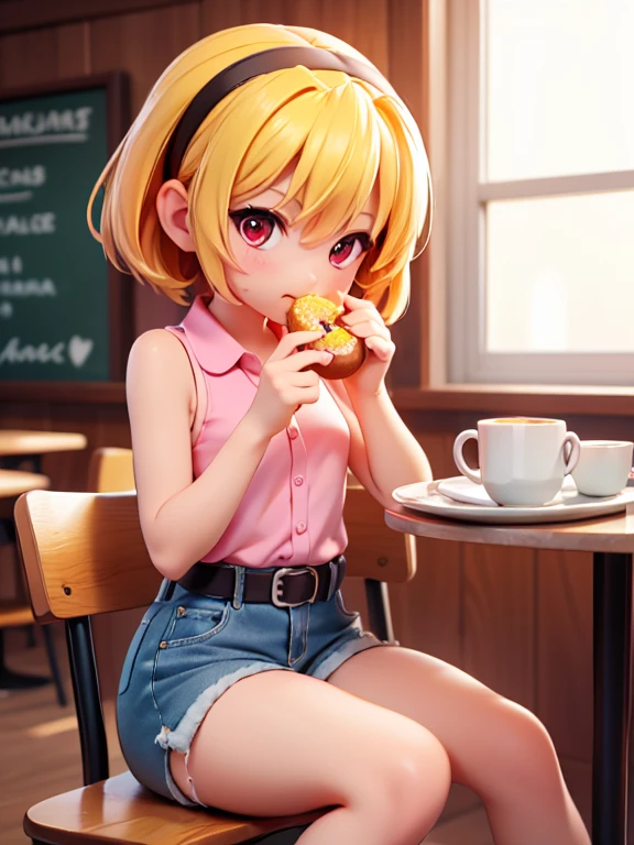 Iced donuts, (Eating a donut), Cafe, table, Mug, The dishes, tray, sit, Satoko Hojo, One Girl, (blonde), Red eyes, short hair, hair band, Small breasts,  alone, Little, Little figure, Collared shirt,Sleeveless shirt,Pink Shirt, White Belt, Denim shorts