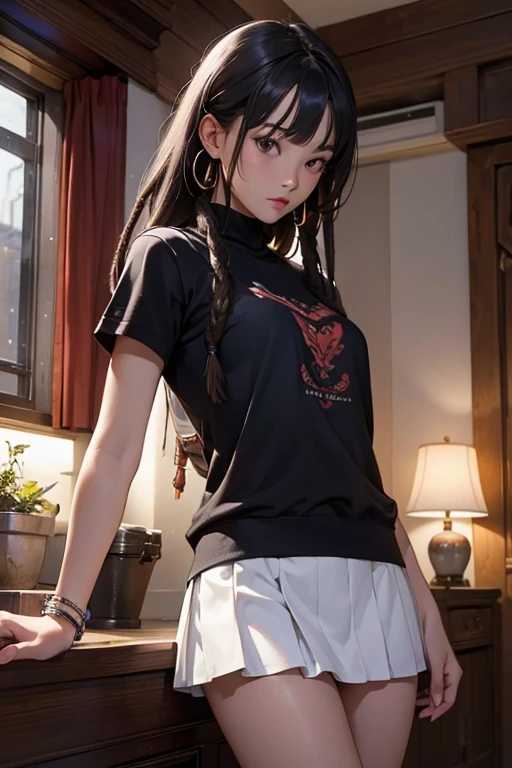 Highest quality、masterpiece、High sensitivity、High resolution、Detailed Description、Dark skinned woman、Slender women、Dreadlocks、White mini skirt、