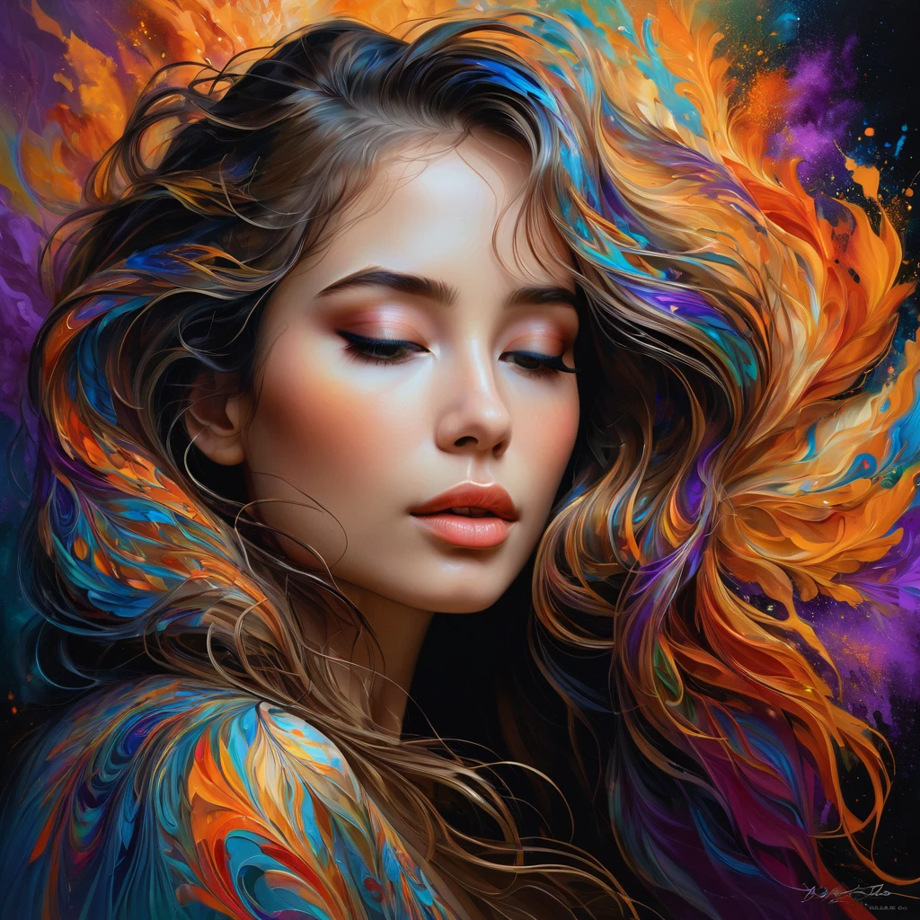 A mesmerizing digital painting captures a woman's profile, with her eyes gently closed and her lips parted. Her face is adorned with an exquisite array of vibrant, swirling patterns that blend seamlessly into her flowing hair, a cascade of blues, reds, oranges, greens, and purples. Golden fragments add a touch of luxury, while the dark background accentuates the vivid colors and the artist's masterful attention to detail. This breathtaking artwork evokes a sense of mystery and enchantment, leaving the viewer captivated by the vivid, fluid design., vibrant, painting