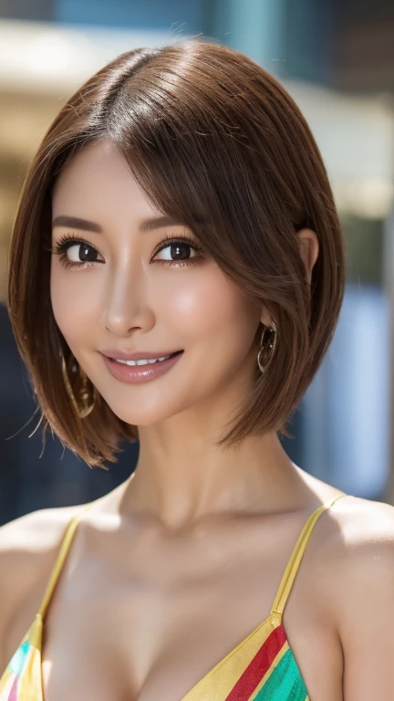 (Cowboy Shot、Highest quality、8k、Award-winning works、Ultra-high resolution度)、One beautiful woman、(perfection, Wearing a natural and colorful shiny dress:1.2))、Bright color contacts、perfection Makeup、Bright and shiny lipstick、Beautiful bright eyeshadow、(Big Breasts:1.2)、Short Bob Hair,(Natural silver hair:1.2),(Romantic affection:1.1)、彼が私を見た時のThe best smile、(Many of them emphasize the body line..:1.1)、(Strongly blurred vibrant Harajuku city background:1.1)、(Strongly blurred background:1.1)、Accurate anatomy、Ultra HD Hair、(Ultra-high resolution度のperfectionな美しい歯:1.1)、Ultra-high definition beauty face、Ultra HD Hair、Ultra HD Shining Eyes、輝くUltra-high resolution度の美肌、Ultra-high resolution,Woman in gold micro bikini:1.2,flying debris,,Award-winning photo, Very detailed, Close your eyes, Nose and mouth,Face Focus, Extreme close up of face、 Symmetrical face,Realistic nostrils、The best smile,Moisturized lips