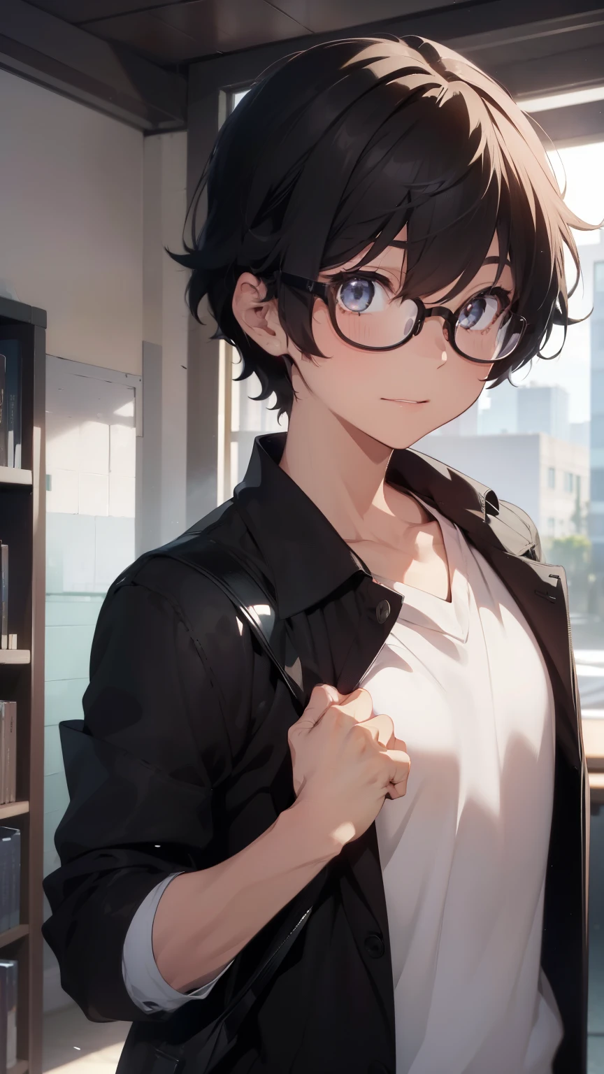 (1 boy), (school boy), Symmetrical Eyes, male, tie, holding a book, small book in hand, (holding small book), Thick black frame glasses, shy, black messy hair, bluish-grey eye color, wearing glasses, 4k, detailed, anime 4k, (Curly hair), from side, character focus, ((black light)),((dark lighting)), cinematic lighting ,(darkness), (concept art), high resolution,(incredibly absurdres) ,extremely detailed CG unity 8k wallpaper, ((masterpiece)), ((top-quality)), (beautiful illustration), ((an extremely delicate and beautiful)), (masterpiece, Best quality, ultra high resolution), Black hair, pale skin, ultra detailed eyes, Beautiful and detailed face, detailed eyes, (Centered, torso), (wide shot:0.9), facing the viewer, Eye level, ((male)), blushing, masculine face, narrow eyes, flat chest, masculine build, slightly muscular,
