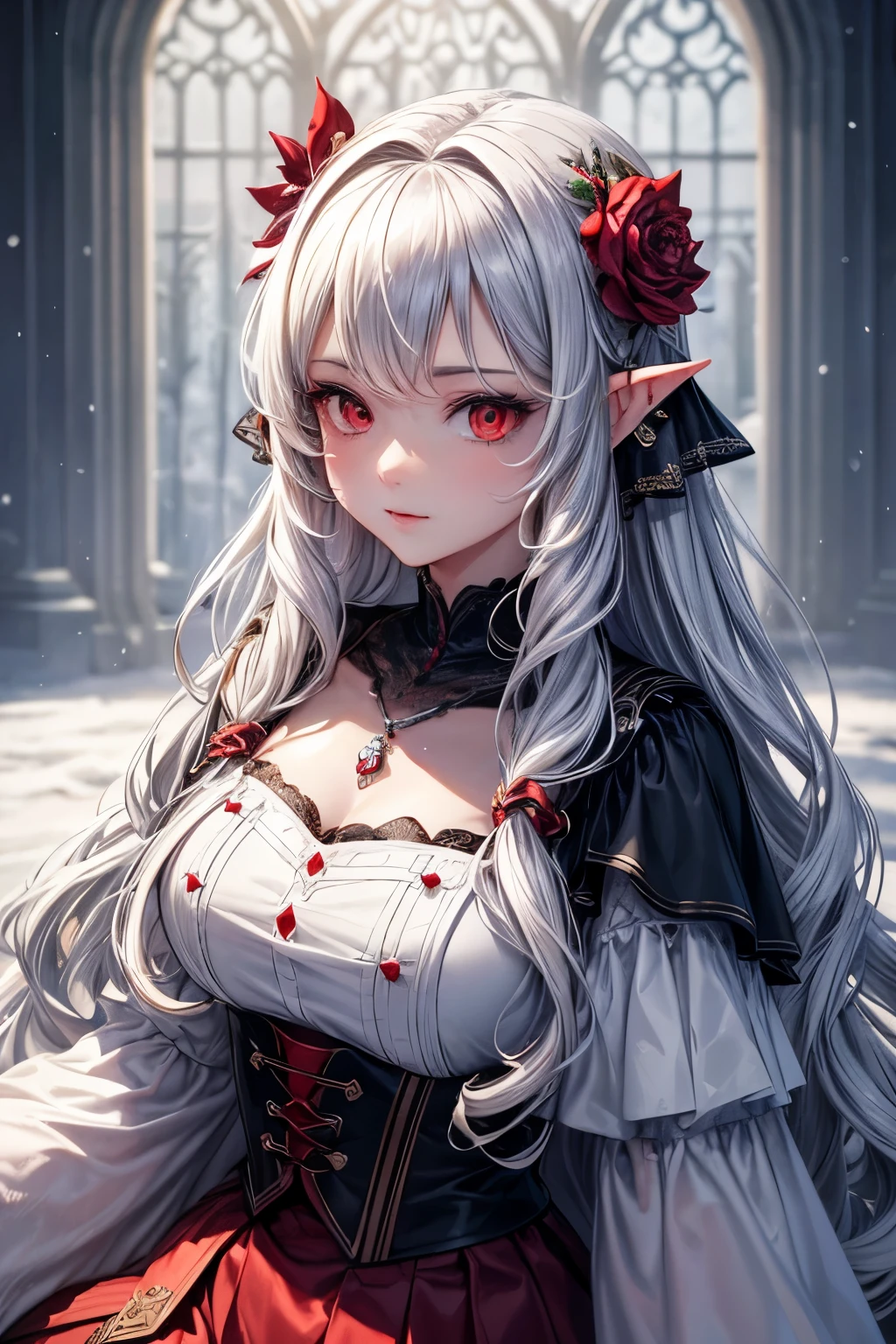 {{masterpiece}},best quality,Very detailed,Extremely detailed CG unified 8K wallpaper,illustration, 1 girl, Red eyes, silver wavy hair, Pointed ears, vampire, skirt, necklace, hair flower, snow, ice, whole body, shoot,high close-up, Very detailed,Center frame,sharp focus, looking at the audience, flowing hair,