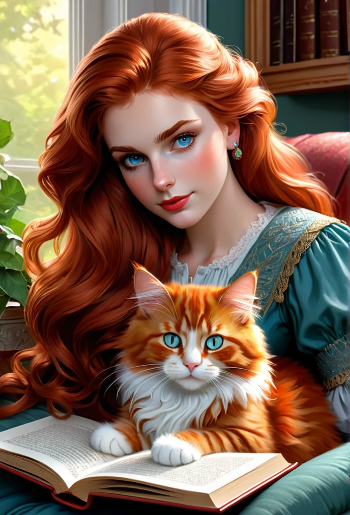 red-haired girl [Elizabeth II:Maude Adams:0.45] with her full sized  red mainecoon cat, (best quality, masterpieces, ultra-detailed), beautiful detailed eyes, beautiful detailed lips, longeyelashes, vibrant colors, illustrative style, oil painting texture, flowing red hair, she is reading a book at her cozy reading nook, while her mainecoon cat is sleeping on her lap, cluterry on the shelf, books and amenities, soft sunlight, lively expression, joyful interaction with the cat, dynamic pose, realistic rendering.