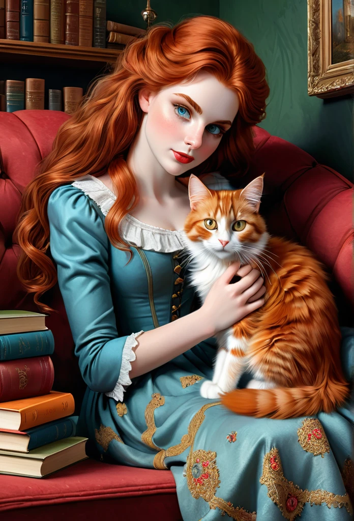 red-haired girl [Elizabeth II:Maude Adams:0.45] with her full sized  red mainecoon cat, (best quality, masterpieces, ultra-detailed), beautiful detailed eyes, beautiful detailed lips, longeyelashes, vibrant colors, illustrative style, oil painting texture, flowing red hair, she is reading a book at her cozy reading nook, while her mainecoon cat is sleeping on her lap, cluterry on the shelf, books and amenities, soft sunlight, lively expression, joyful interaction with the cat, dynamic pose, realistic rendering.