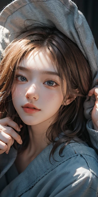 (masterpiece: 1.2, Portraiture, Highest quality), Realistic, (Live Action, Intricate details, Written boundary depth), Highest quality, masterpiece, Attention to detail, semi-Realistic, sleeping in bed, shy, 21 years old, Short Blonde, blue eyes, pajamas, Slim figure、Canopy bed、