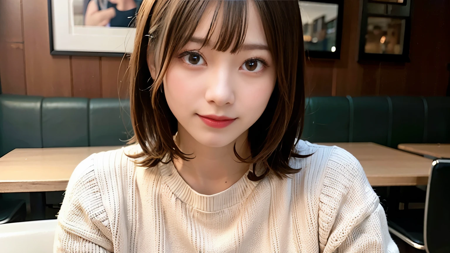(8k, RAW Photos:1.2)Detailed face and eyes,最high quality, Ultra-high resolution, Very detailed ,Intricate details ,Tabletop ,pretty girl , Soft cinematic light, Hyper Detail,Sharp focus, high quality, Blonde, Bobcut, outside,Knitted dress, Photographed inside the cafe, Stylish cafe