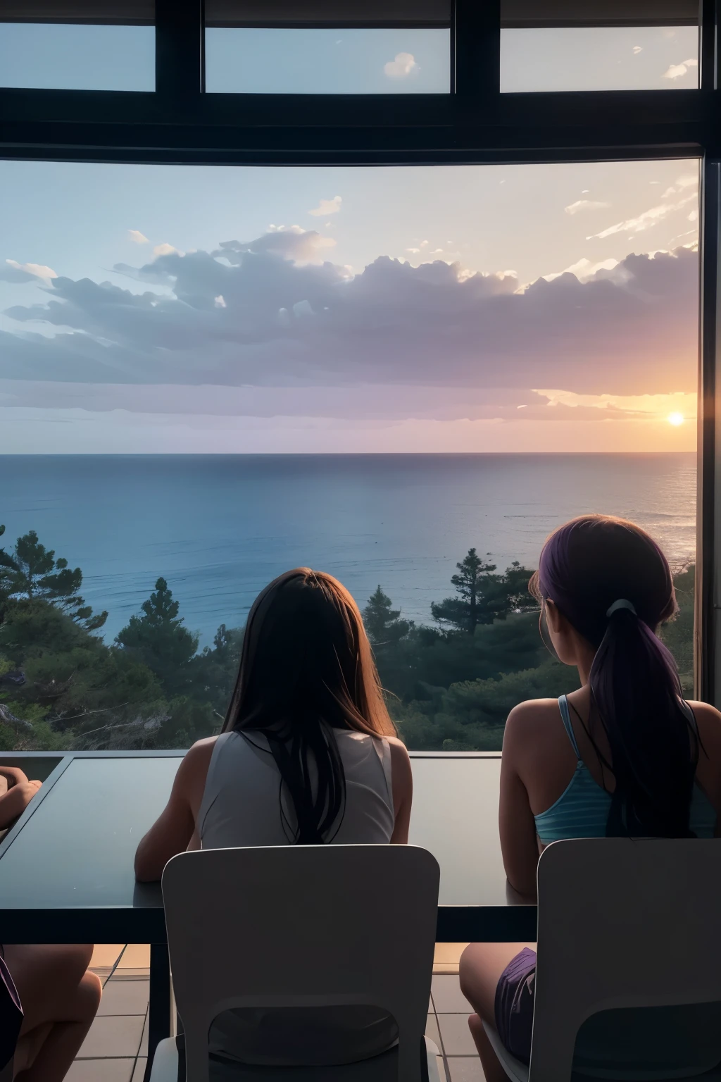From the terrace the three girls could see the pine forest to their right and the beach in front of them. The sea was rough and on the horizon they could see the small shape of a cargo ship, while the sky was darkening, taking on shades of gray and purple as the sun set behind them.