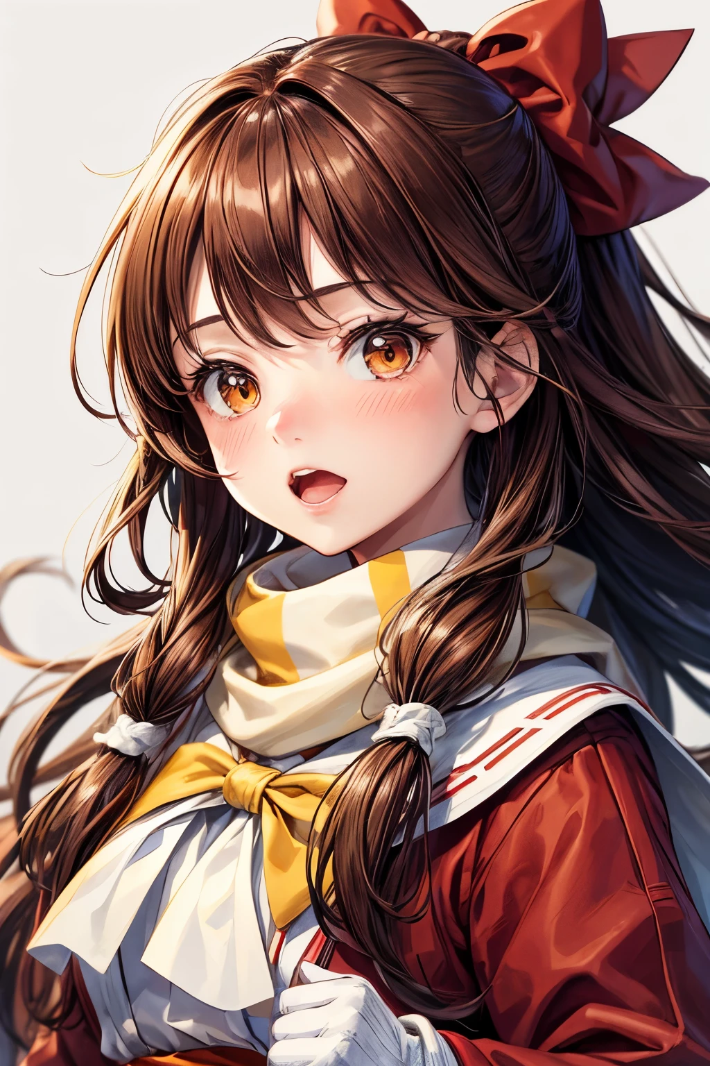 knowledge management, 1 girl, Ascot, blush, bow, Brown eyes, brown hair, hair bow, Capillary, Japanese clothes, long hair, Mittens, unconventional miko, One hour drawing challenge, open mouth, portrait, red bow, red Mittens, scarf, Side Chain, Simple background, alone, White background, yellow Ascot, yellow scarf