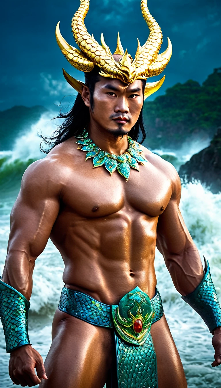 Extremely detailed close-up portrait of Lac Long Quan, a legendary male god in Vietnamese mythology, photographed from the waist up. A handsome face with strong features, sharp eyes shining with supernatural power, seeing through the human heart. Long, flowing black hair with interwoven iridescent scales. Majestic dragon horns protrude from the forehead, curved and shiny. Muscles rippling with supernatural power, skin with a texture resembling delicate dragon scales. Wearing an elaborate gold necklace decorated with gemstones that glow with an inner light. In his hand, he holds an ancient, unusual weapon - perhaps a trident or a sword - that radiates mystical, mythical energy. The god Lac Long Quan stands tall and majestic, a colossal figure of a god-like presence and supreme power of the Vietnamese people. His pose exudes power and confidence, dominating the frame, dominating the dark, chaotic world. Behind him, a stormy seascape with huge waves crashing violently, the sky is dark and ominous, filled with swirling storm clouds and flashes of lightning. The entire scene conveys a sense of his epic scale and divine power. Rendered in a surreal digital art style with dramatic lighting to enhance the intense atmosphere and highlight the divine appearance of Lac Long Quan. The image emphasizes the contrast between the calm, powerful demeanor of the god Lac Long Quan and the chaos of the elements around him that have been conquered and subdued.