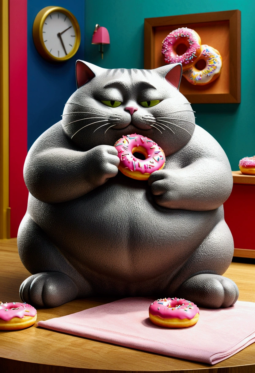 (fat cat Eating Donuts), full body, award-winning, cinematic still, emotional, vignette, dynamic, vivid, (masterpiece, best quality, photorealistic, Professional, perfect composition, very aesthetic, absurdres, ultra-detailed, intricate details:1.3), by Fernando Botero