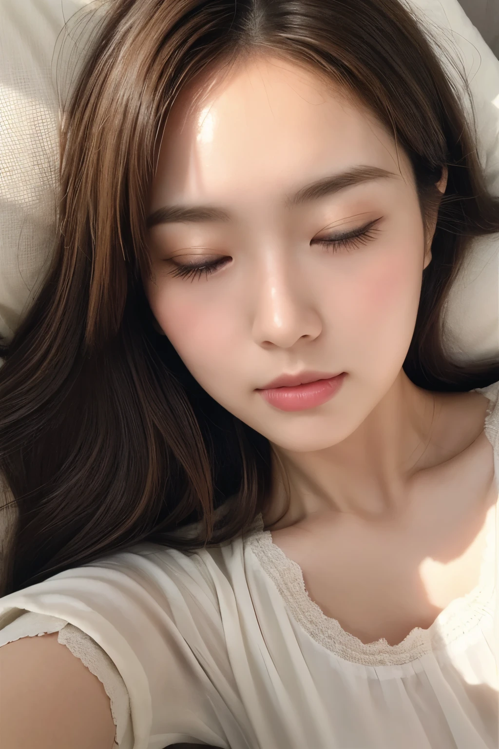 realistic figure, photogenic, middle length light brown hair, beautiful white-colored translucent skin, a little sunburned, medium build a little bit chubbily figure, no makeup, sleeping, closed eyes, small mouth, mouth is slightly open, small nose, smooth shaped jawline, face and jaw pointing upwards, glossy face, flushed cheeks, wearing pajamas, lying on own back on the bed and cuddling, room is dark, close-up on upper body shoot, angle looking down from above