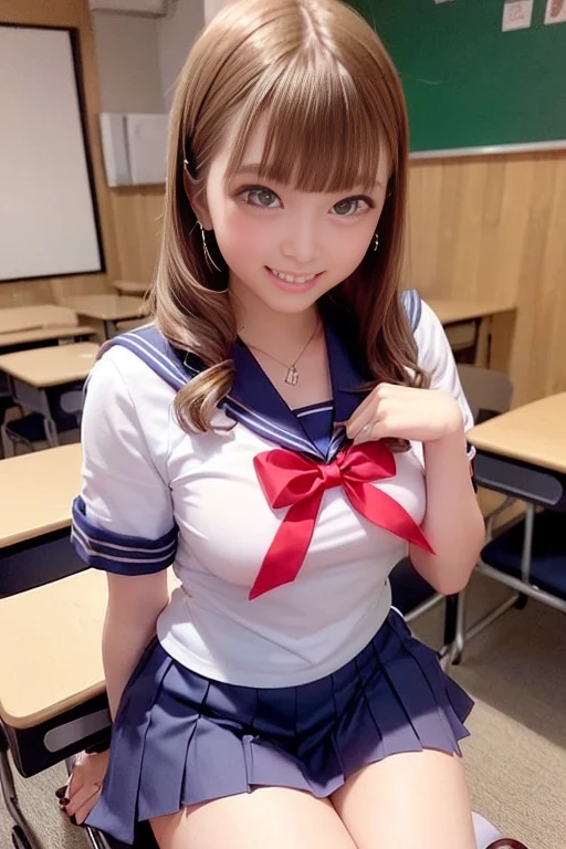 ((Sailor wear、Sailor Costume、Sailor Uniform、high school girl、Sailor suit、Red ribbon、Short sleeve、Navy pleated mini skirt with slit))、1 girl、Bob Hair、Brown Hair、Medium breast、smile、masterpiece:1.3、Raw photo、Highest quality、indoor、classroom、Sit on a chair、You can see the blackboard、Detailed Background、(Anatomically correct arms and legs、Anatomically correct fingers、Beautiful hands and fingers)、