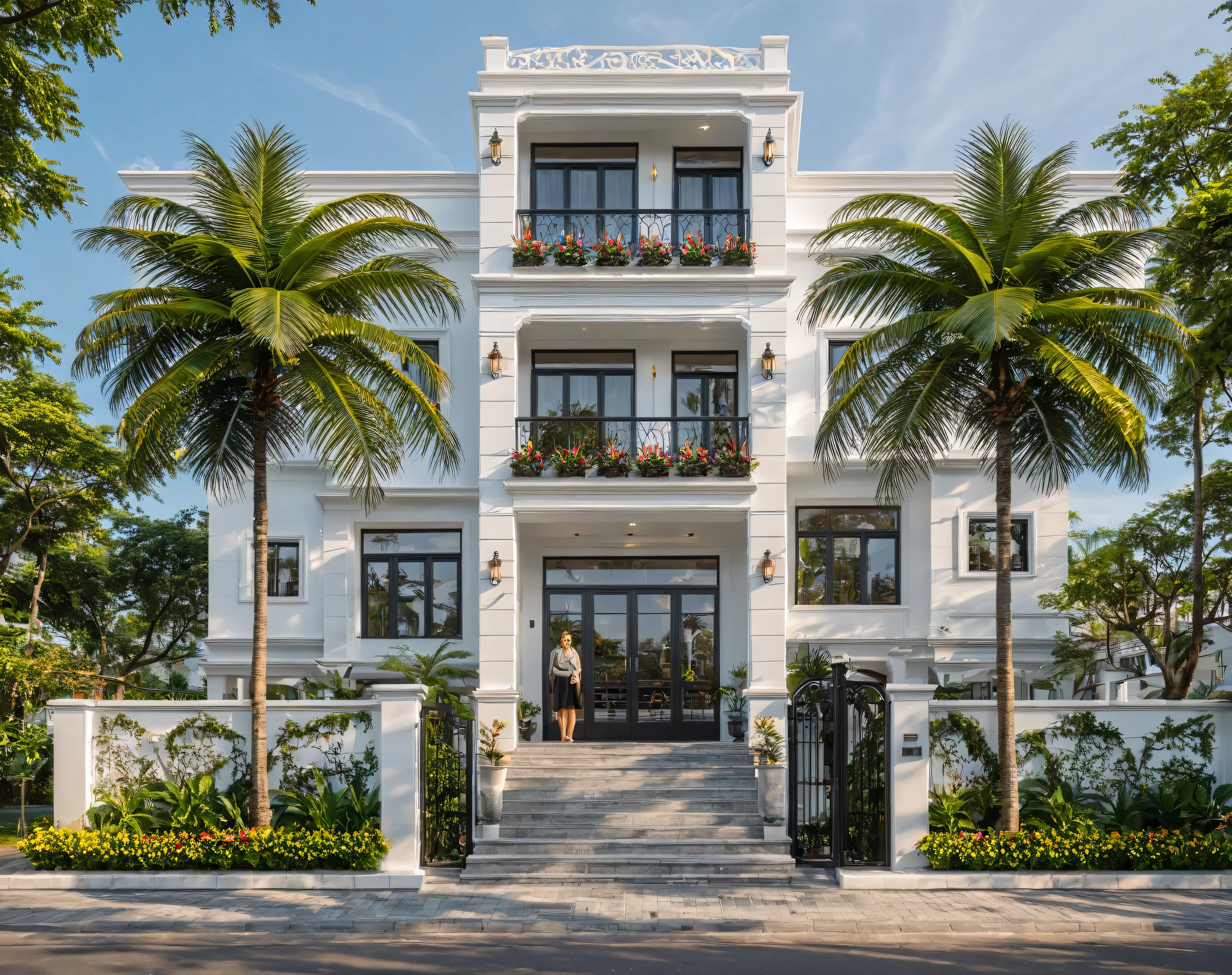 neo classical villa on street, (daylight), tropical tree, vivid colour, streetcapes, white tone, black detail, white wall, large glass door, warm interior lighting, best quality, masterpiece, ultra realistic