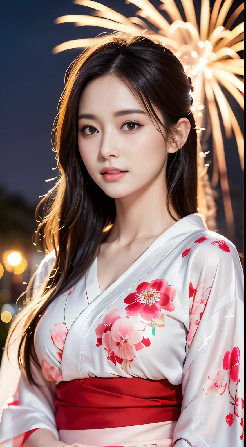 (8k、RAW Photosgraphy、Highest quality、masterpiece:1.2)、(Realistic、Photorealistic:1.37)、Ultra-high resolution、One Girl、cute、solo、night、Sitting、date、(Nose redness)、(Laughter:1.1)、(Closed)、huge 、Beautiful Eyes、(short hair:1.2)、(((Fireworks bursting into the sky、night)))、(((kimono、yukata)))、Cleavage、Perfect body、Perfect Fingers、Professional Lighting、Japanese Goddess、gravure、Detailed face and skin texture、Detailed eyes、RAW Photos