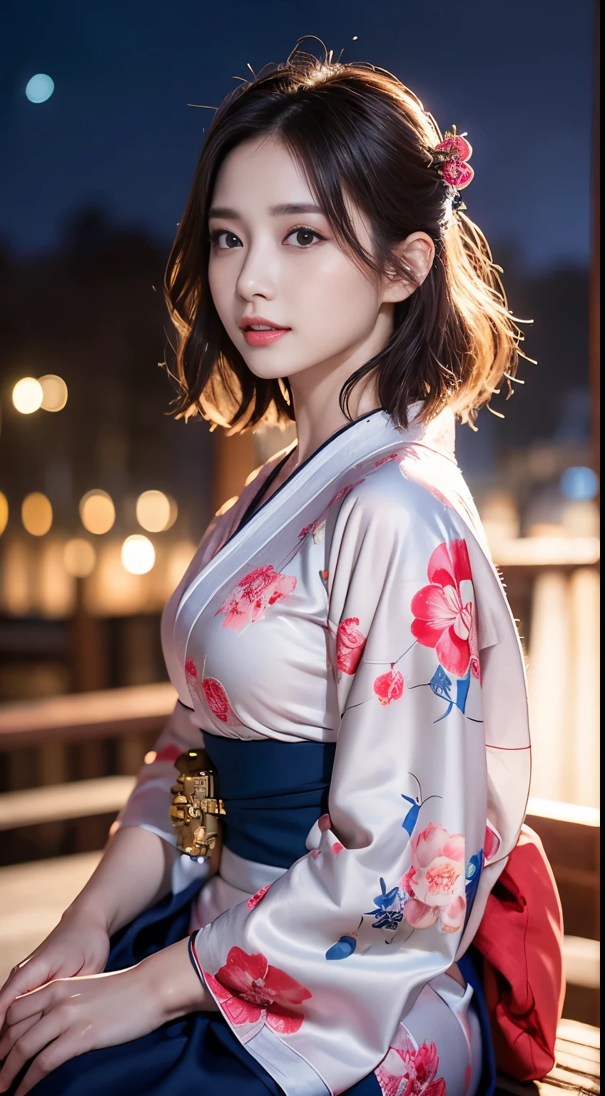 (8k、RAW Photosgraphy、Highest quality、masterpiece:1.2)、(Realistic、Photorealistic:1.37)、Ultra-high resolution、One Girl、cute、solo、night、Sitting、date、(Nose redness)、(Laughter:1.1)、(Closed)、huge 、Beautiful Eyes、(short hair:1.2)、(((Fireworks bursting into the sky、night)))、(((kimono、yukata)))、Cleavage、Perfect body、Perfect Fingers、Professional Lighting、Japanese Goddess、gravure、Detailed face and skin texture、Detailed eyes、RAW Photos