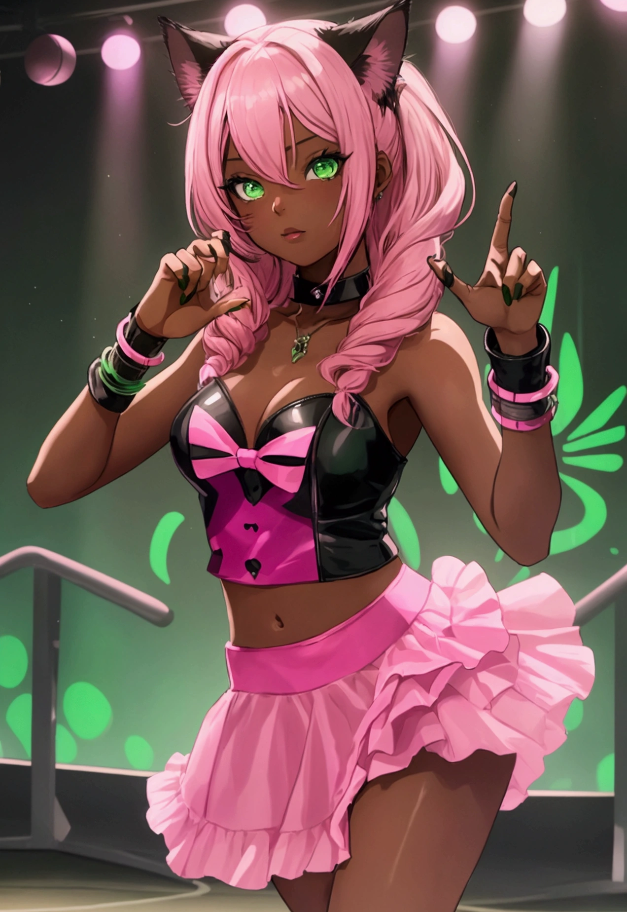 ((Artwork, high quality)), (21-year-old teenage girl), (black skin), (pink hair), (green eyes), (on the dance floor), (hybrid of human and cat), (making a "meow" gesture with her hand).

