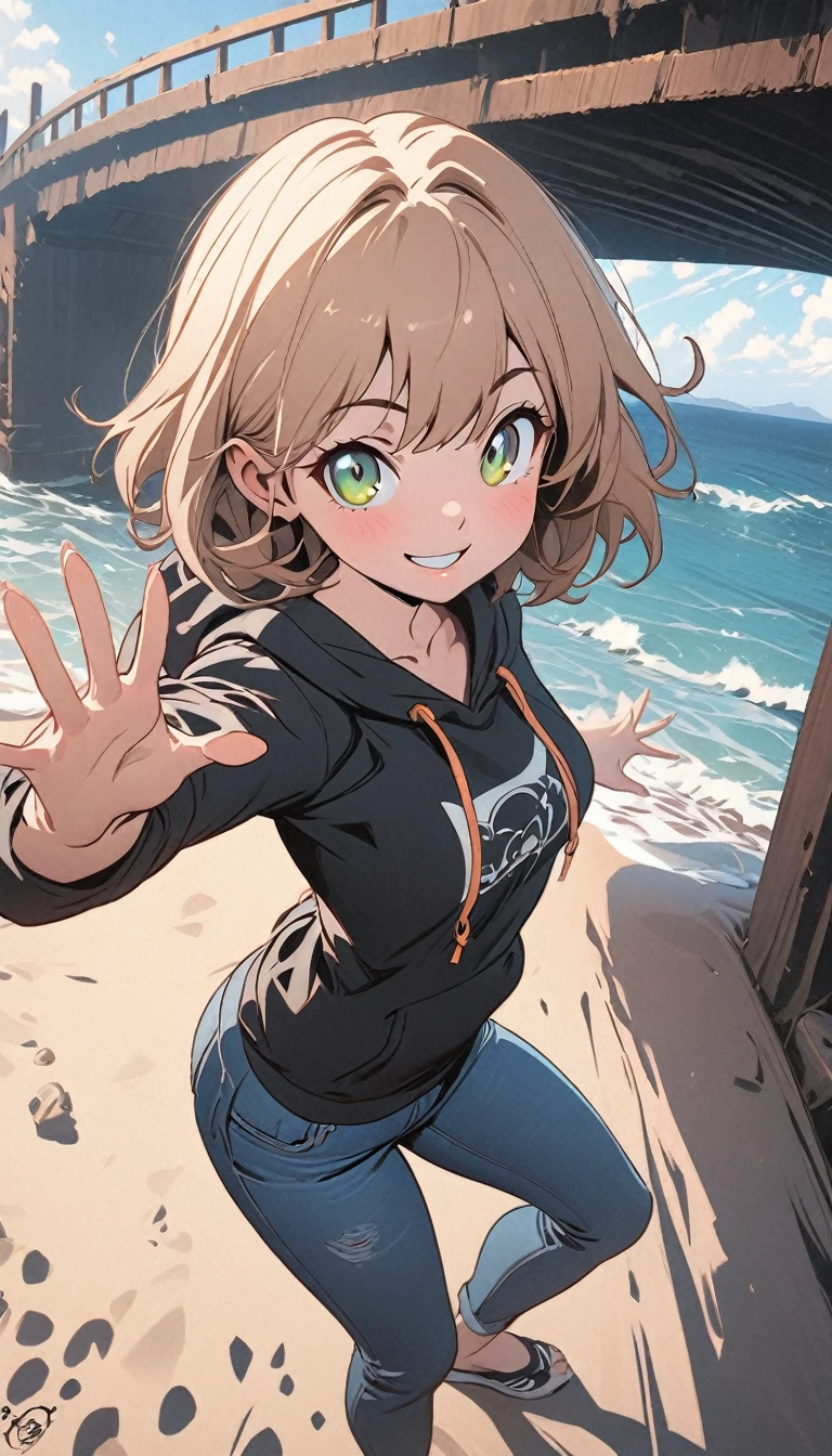 Super detailed, High resolution, Ilya Kuvshinov Style, Anime Moe Art Style, Best Anime 8K Konachan Wallpaper, pixiv Contest Winner, Perfect Anatomy, 超High resolution, Detailed, Dynamic Perspective Pose, Dynamic Pose Perspective, 3 / 4 Pose, Line art, Draw a gesture, Hands behind the back pose!, Anime Pose, outline, One girl, Ocean, handrail, wearing jeans, jeans, Denim pants, smile, (wave hands:0.9), Standing under the bridge, Beach Background, Sky Background, Wooden bridge, Wearing a hoodie, short hair, Green Eyes, Parker Girl, Light brown hair, Short brown hair, Not wearing a hat, No hat,