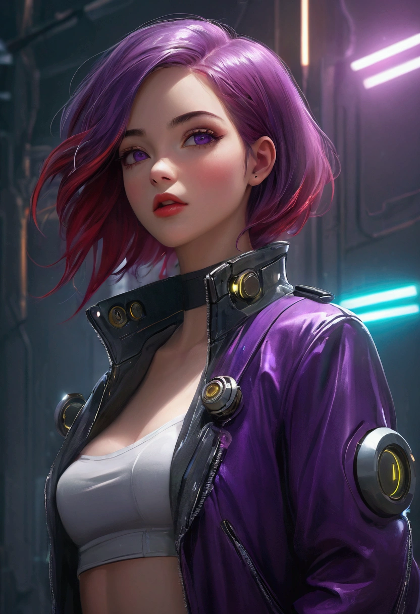 masterpiece, best quality, (Highly detailed CG Unity 8k wallpaper) (best quality), (Best Illustration), (Best shadow), beautiful girl, Look away, Small Breasts, Wearing a rugged jacket, Robotic Arm, Hair accessories,(Glowing skin),Red lips, Open your mouth, Cyberpunk Background, Extremely exquisite and beautiful, (Floating purple hair), Delicate face, Neck strap, (Mysterious atmosphere), flash:0.8