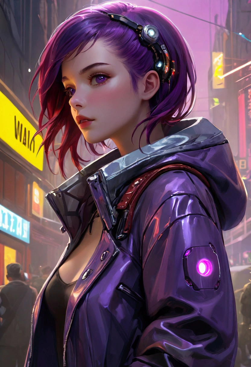 masterpiece, best quality, (Highly detailed CG Unity 8k wallpaper) (best quality), (Best Illustration), (Best shadow), beautiful girl, Look away, Small Breasts, Wearing a rugged jacket, Robotic Arm, Hair accessories,(Glowing skin),Red lips, Open your mouth, Cyberpunk Background, Extremely exquisite and beautiful, (Floating purple hair), Delicate face, Neck strap, (Mysterious atmosphere), flash:0.8